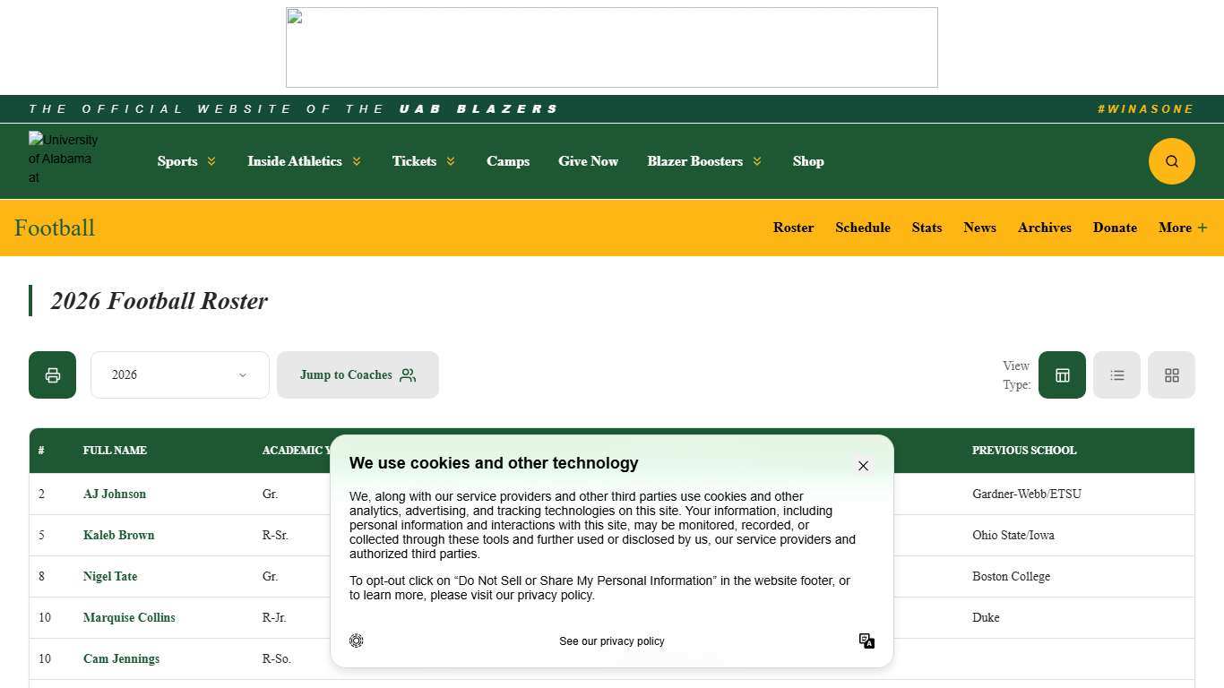 2026 Football Roster - UAB Athletics